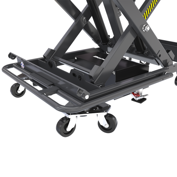 Compact EV Lift Table Mobility with Zero-Throw Caster Control